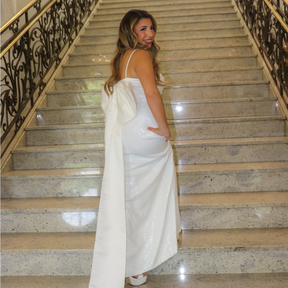 White sequin dress with detachable bow